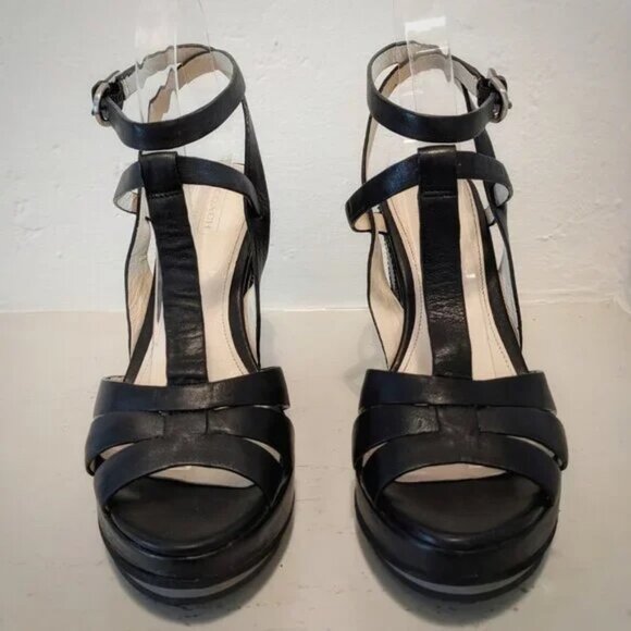 COACH Catalina Black Leather Embellished Studded Wedge Ankle Strap Sandal Sz 7.5 - Picture 2 of 12